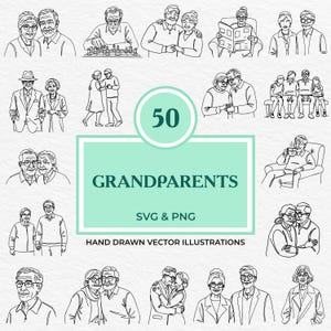 Paquete de 50 abuelos SVG PNG, arte lineal de pareja de ancianos, momentos de la tercera edad, ilustraciones de abuelas y abuelos, imágenes prediseñadas familiares minimalistas