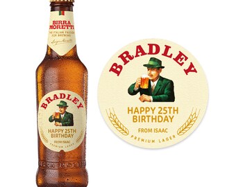 Etichetta personalizzata personalizzata per bottiglia di birra Birra Moretti per compleanno o qualsiasi occasione, adesivo unico e originale, divertente regalo per papà e nonno