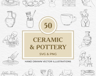50 Pottery & Ceramic SVG PNG Bundle | Hand Drawn Clay Studio Elements - Vases, Tools, Wheels, Mugs, Sculpting for Laser And Cricut