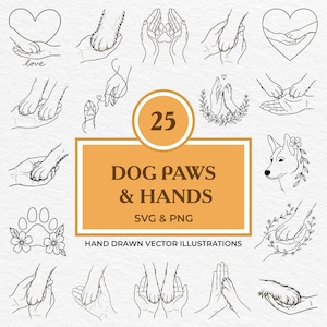 Bundel met 25 hondenpoten en -handen | Huisdiergedenkteken SVG-png-bestand | Clipart hondenliefhebber | Omtrektekening hondenpoot | Digitale download