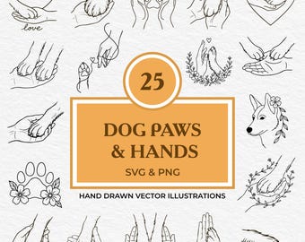 25 Dog Paws and Hands Line Art Bundle | Pet Memorial SVG PNG | Dog Lover Clipart | Dog Paw Outline Drawing | Digital Download