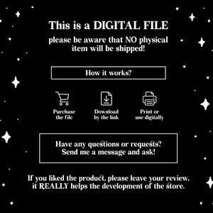 May include: Black digital file announcement with white text and star graphics. The text explains the product is a digital file, not a physical item. Instructions include purchasing, downloading, and printing. It encourages reviews.