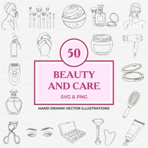 以下が含まれることがあります： 美容とケア製品やツールの白黒線画50点セット。イラストには、バスボム、メイクブラシ、ヘアドライヤー、フェイスマスク、フェイシャルローラー、メイクパレットなどが含まれています。画像の下部には「50 BEAUTY AND CARE SVG & PNG HAND DRAWN VECTOR ILLUSTRATIONS」というテキストがあります。