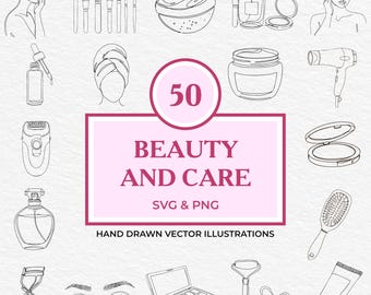 May include: A set of 50 black and white line drawings of beauty and care products and tools. The illustrations include a bath bomb, makeup brushes, a hair dryer, a face mask, a face roller, a makeup palette, and more. The text "50 BEAUTY AND CARE SVG & PNG HAND DRAWN VECTOR ILLUSTRATIONS" is at the bottom of the image.