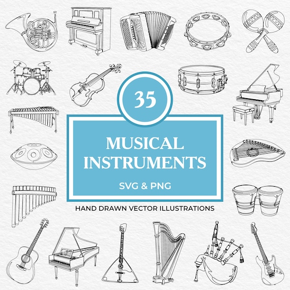 35 Musical Instruments SVG PNG Bundle | Guitar Piano Hand Drawn Clipart of Classical, Folk & Percussion Instruments for Cricut, Laser, Print