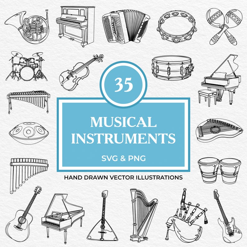 May include: Line art illustration of 35 musical instruments, including a French horn, piano, accordion, tambourine, maracas, drum set, violin, and a grand piano. The text reads "MUSICAL INSTRUMENTS SVG & PNG HAND DRAWN VECTOR ILLUSTRATIONS."