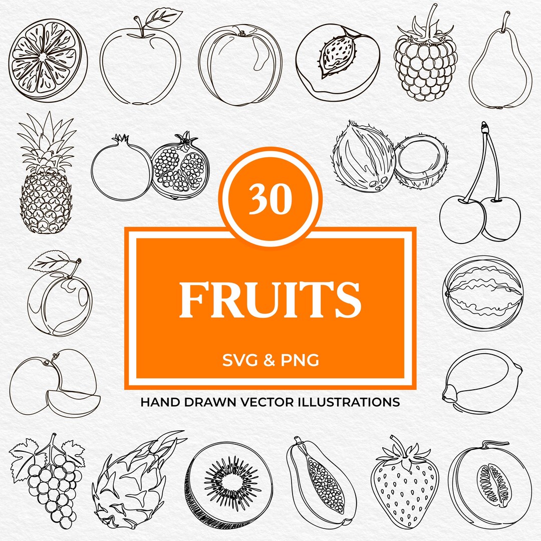 30 Fruit SVG PNG Bundle | Hand Drawn Citrus, Tropical, Exotic & Summer ...