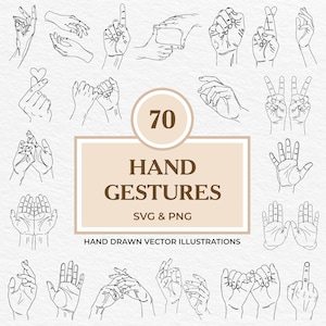 Ensemble de 70 PNG SVG geste de la main | Clipart de mains humaines avec paix, amour, symboles, prières, tatouages, émotions, dessin au trait et ensemble de design minimaliste