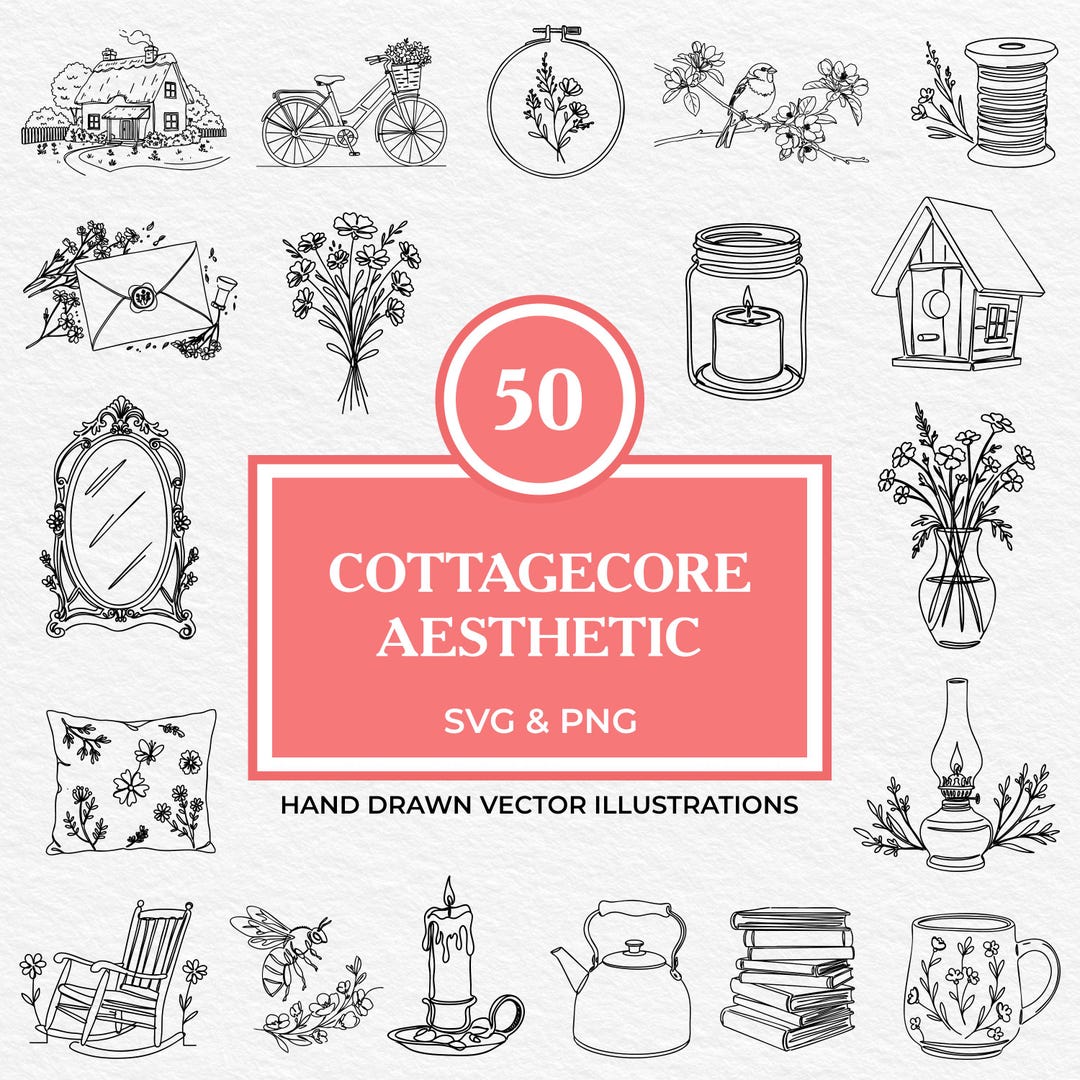 50 Cottagecore SVG PNG Bundle Hand Drawn Cozy Floral Decor, Books ...