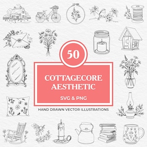 May include: A collection of 50 hand-drawn vector illustrations with a cottagecore aesthetic. The illustrations include a house, bicycle, embroidery hoop, bird on a branch, spool of thread, envelope, flowers, candle in a jar, birdhouse, mirror, pillow, rocking chair, bee, candle, teapot, books, and a mug.