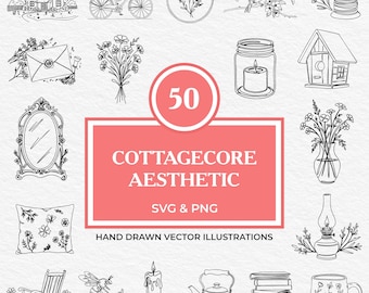 50 Cottagecore SVG PNG Bundle Hand Drawn Cozy Floral Decor, Books, Garden Rustic Elements Line Art Illustrations Cricut, Laser, Sublimation