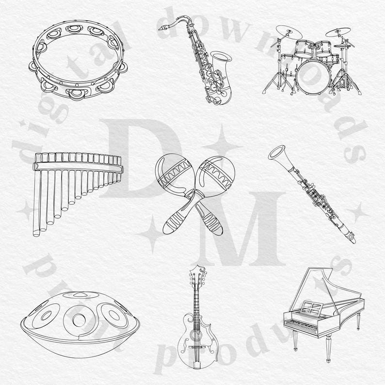 May include: Line art illustration of various musical instruments, including a tambourine, saxophone, drum set, pan flute, maracas, clarinet, hang drum, mandolin, and a grand piano. The instruments are depicted in a simple, black and white style.