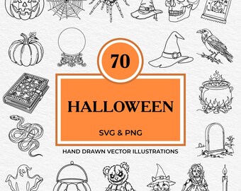 70 Halloween SVG PNG Bundle | Pumpkin, Skull, Ghost, Spider Web, Witch Hat, Raven, Black Cat, Tarot Card, Crystal Ball, Coffin Clipart