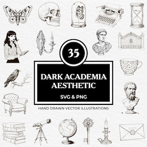 35 Dark Academia gravure SVG PNG-bundel Vintage schedel, bustes, architectuur, kaarsen, academische objecten zeer fijne tekeningen voor Cricut, tijdschriften, decor