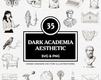 35 Dark Academia Engraving SVG PNG Bundle Vintage Skull, Busts, Architecture, Candles, Academic Objects Line Art for Cricut, Journals, Decor
