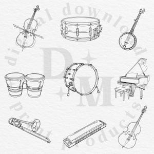 May include: Line art illustration of various musical instruments, including a violin, snare drum, banjo, bongo drums, bass drum, piano with stool, trombone, harmonica, and cello. All instruments are depicted in a simple, black and white style.
