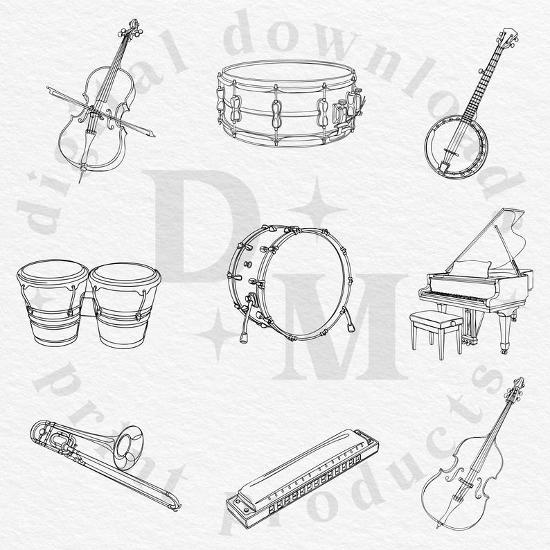 May include: Line art illustration of various musical instruments, including a violin, snare drum, banjo, bongo drums, bass drum, piano with stool, trombone, harmonica, and cello. All instruments are depicted in a simple, black and white style.