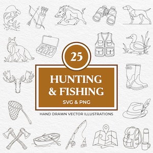 Pacote com 25 imagens SVG PNG de caça, pesca e acampamento | Arte de linha para aventura ao ar livre | Clipart de equipamentos de sobrevivência | Ícones de vida selvagem e floresta para Cricut e Laser