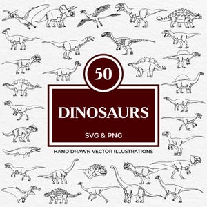 May include: A collection of 50 hand-drawn dinosaur illustrations in SVG and PNG formats. The black and white line art features various dinosaur species, including a T-Rex, Stegosaurus, and Pterodactyl, perfect for digital art projects.