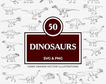 50 Dinosaur SVG PNG Bundle | Hand Drawn Prehistoric Creatures, Fossils, T-Rex, Raptor, Pterodactyl Clipart for Kids Crafts & Cricut Projects
