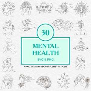 Paquete de 30 SVG PNG de una línea de salud mental / Clipart de autocuidado y bienestar emocional / Arte lineal minimalista de mente y corazón para Cricut, láser
