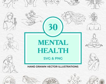 30 Mental Health One Line SVG PNG Bundle | Self-Care & Emotional Wellness Clipart | Minimalist Mind And Heart Line Art for Cricut, Laser