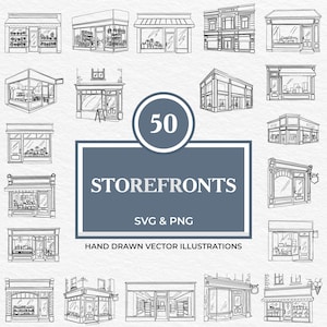 50 storefronts SVG PNG-bundel | Handgetekende clipart van boetiek, bakkerij, boekhandel, bloemist, coffeeshop, gevels markt en kleine bedrijven