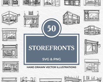 50 Storefronts SVG PNG Bundle | Hand Drawn Clipart of Boutique, Bakery, Bookstore, Florist, Coffee Shop, Market & Small Business Facades