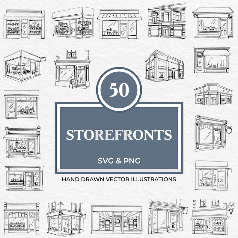 50 Storefronts SVG PNG Bundle | Hand Drawn Clipart of Boutique, Bakery ...