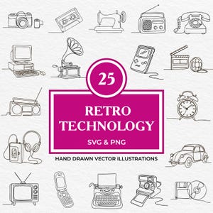 Paquete de 25 SVG PNG de arte lineal de tecnología retro / Clipart de tecnología vintage / Gadgets de la vieja escuela / Conjunto de dibujo de electrónica retro / Cricut Glowforge