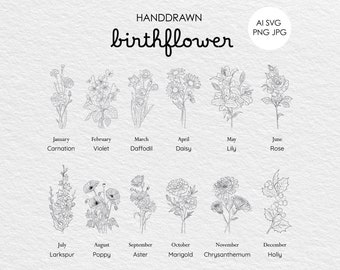 Mese di nascita disegnato a mano Pacchetto SVG di fiori Festa della mamma Bouquet Design minimalista Linea artistica Stampa Giardino della nonna Fiori di campo Botanico PNG