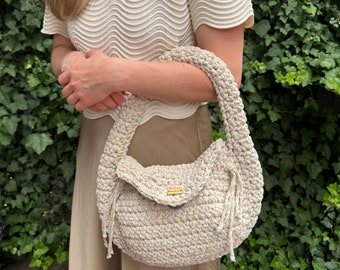 Handmade Beige Knitted Crochet Shoulder Bag Sofie – Boho Chic Style