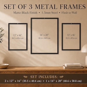 Op de afbeelding: Een set van drie rechthoekige metalen lijsten met een matzwarte afwerking en 1,5 mm stalen constructie. De set bevat twee lijsten van 30,5 cm x 40,6 cm en &eacute;&eacute;n lijst van 40,6 cm x 50,8 cm. De tekst op de afbeelding luidt SET OF 3 METAL FRAMES.