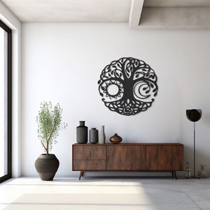 Arte de pared de metal con sol, luna y árbol. Decoración con silueta de sol y luna. Decoración moderna para el hogar. Colgante de pared inspirado en la naturaleza. Arte de metal grande para la habitación.