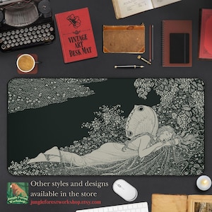 May include: A black and white illustration of a woman sleeping with a butterfly wing on her back. The woman is lying on a bed of flowers and leaves. The background is a dark green color. The image is a vintage style illustration.