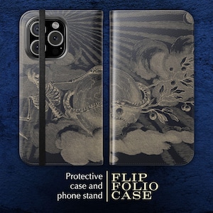 Funda tipo libro con diseño de esqueleto de inspiración vintage de Memento Mori, billetera tipo folio para tarjetas de teléfono, accesorio gótico para teléfono, protección tecnológica única, estilo antiguo