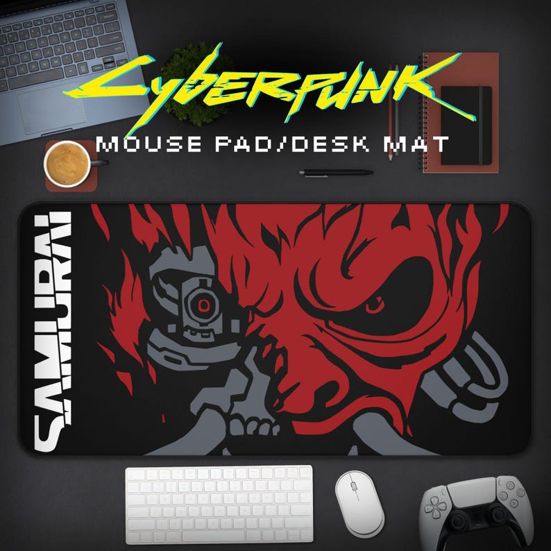 May include: A black and red Cyberpunk themed mouse mat with a samurai skull graphic and the text "SAMURAI!" and "CYBERPUNK MOUSE PAD/DESK MAT".