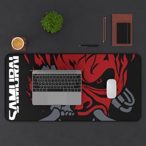 Cyberpunk Samurai Gaming Mouse Pad - Extended Desk Mat XL, Tech Office Decor, Futuristic Computer Pad, Gamer Gift Tech Lover Desk Accessory 16" × 32"