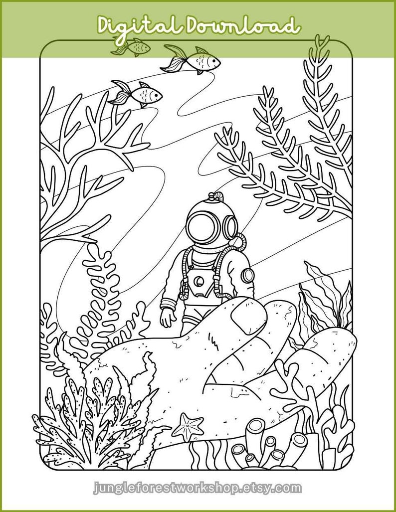 Underwater Deep Sea Diver Explorer Hand Drawn Space Coloring Page Cute ...