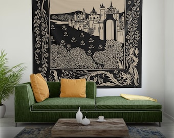 Medeltida slottsgobeläng | Castlecore gotisk väggkonst stor | Tyghänge i vintage- och antikstil | Mörk Academia-dekor | Tidlös känsla