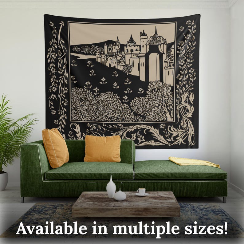 May include: Black and white tapestry featuring a medieval castle with a gate and trees. The castle is surrounded by a decorative border of vines and flowers.