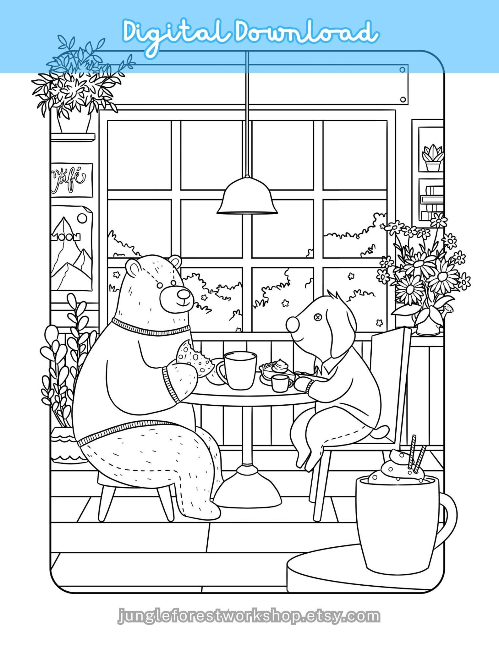 Cozy Dog and Bear Coloring Pages Set Hand Drawn Cute Relaxing Stress