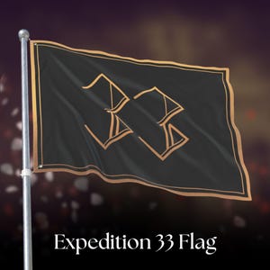 May include: A black rectangular flag attached to a silver metal pole. The flag features a gold-coloured border and a central gold-coloured emblem resembling the number 33. The text Expedition 33 Flag is printed in white at the bottom of the image.