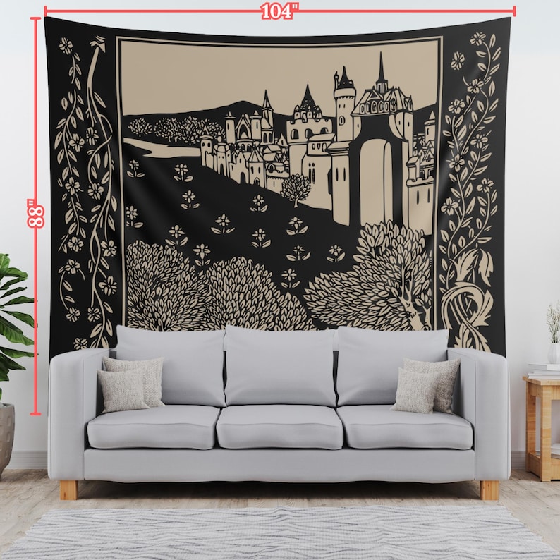 May include: Black and white tapestry featuring a medieval castle with a large archway, surrounded by trees and flowers. The tapestry is 88 inches tall and 104 inches wide.