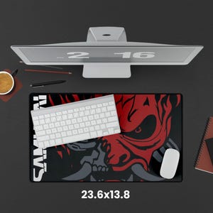 Cyberpunk Samurai Gaming Mouse Pad - Extended Desk Mat XL, Tech Office Decor, Futuristic Computer Pad, Gamer Gift Tech Lover Desk Accessory 13.8" x 23.6"
