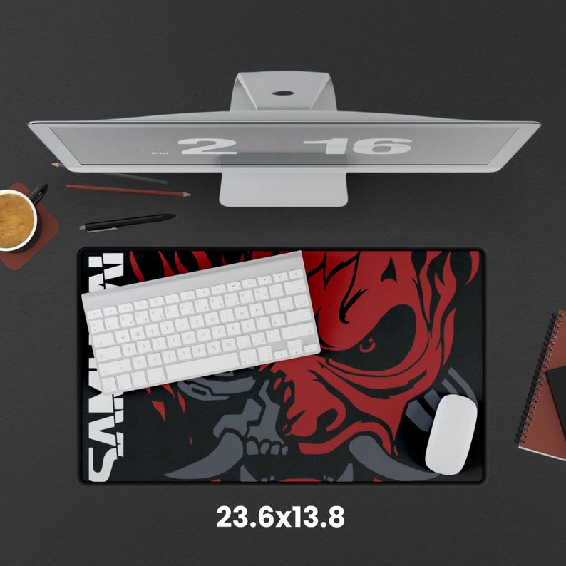 Cyberpunk Samurai Gaming Mouse Pad - Extended Desk Mat XL, Tech Office Decor, Futuristic Computer Pad, Gamer Gift Tech Lover Desk Accessory 13.8" x 23.6"