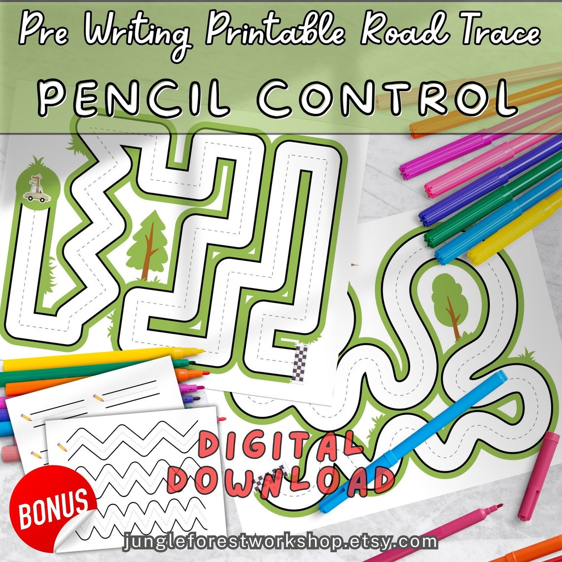 Pencil Control Road Tracing Cute Animals in Cars Pre Writing Printable