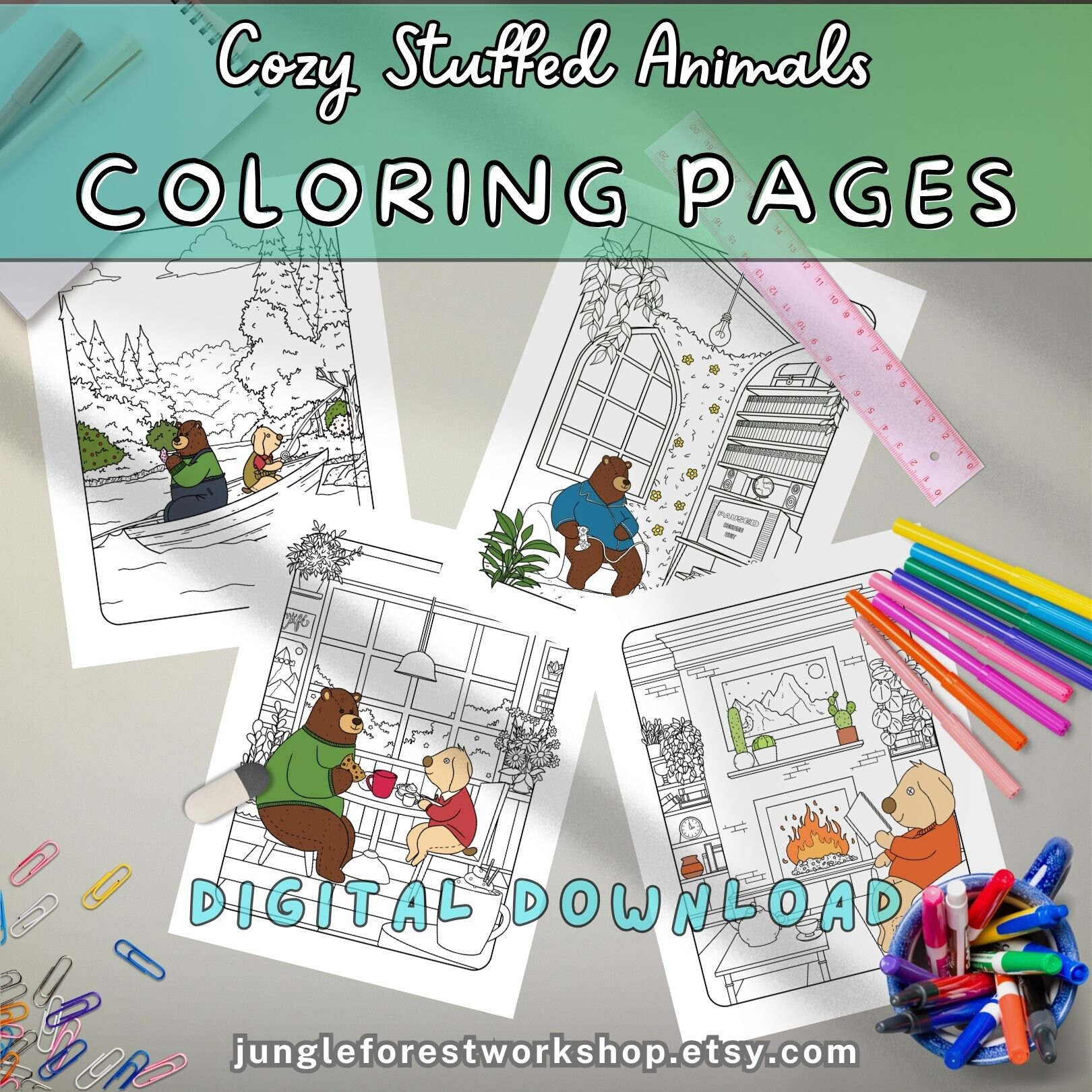 Cozy Dog and Bear Coloring Pages Set Hand Drawn Cute Relaxing Stress