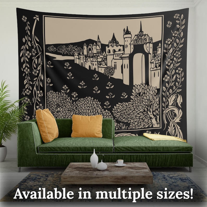 May include: Black and beige tapestry featuring a stylized illustration of a medieval castle with a gate and surrounding trees. The tapestry has a floral border.