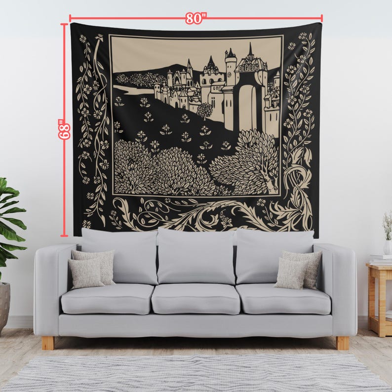 May include: Black and cream tapestry featuring a stylized illustration of a castle with a gate and trees. The tapestry is 68 inches tall and 80 inches wide.